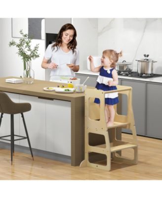 3-in-1 Foldable Kitchen Standing Tower for Toddlers with Chalkboard-Natural