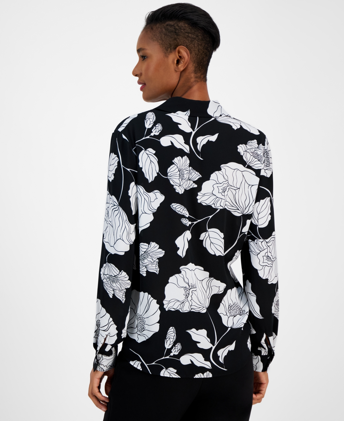 T Tahari Women's Floral-Print Fold-Collar Blouse