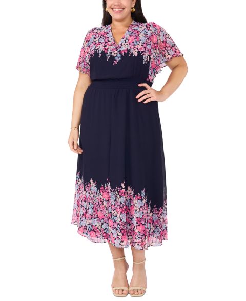 Женское платье MSK Plus Size Flutter-Sleeve V-Neck Maxi, цвет: Тёмно-синий
