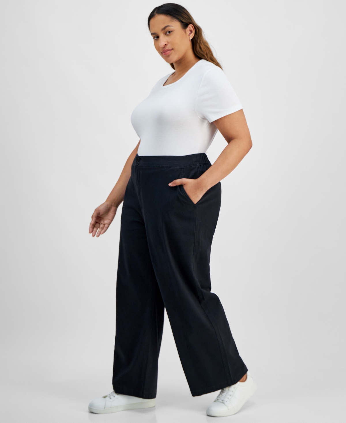 Trendy Plus Size Wide-Leg Twill Pants - Jet Black