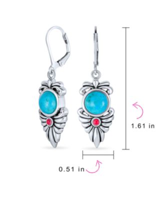 Southwest Native American Squash Blossom Style Multicolor Blue Natural Turquoise Red Carnelian Feather Lever Back Dangle Earrings Sterling Silver