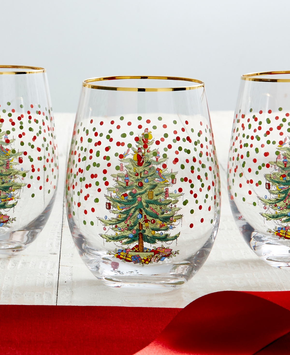 Spode Christmas Tree Polka Dot Stemless Wine Glasses, Set Of 4 In Green