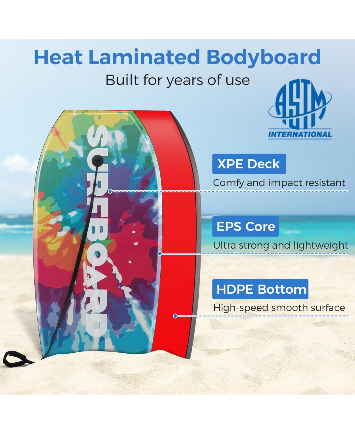 Slickblue Lightweight Body Board Boogie Board with Eps Core Xpe Deck Hdpe Bottom- Red