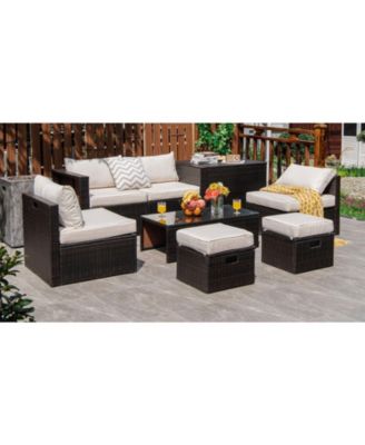 8 Pieces Patio Space-Saving Rattan Furniture Set with Storage Box and Waterproof Cover
