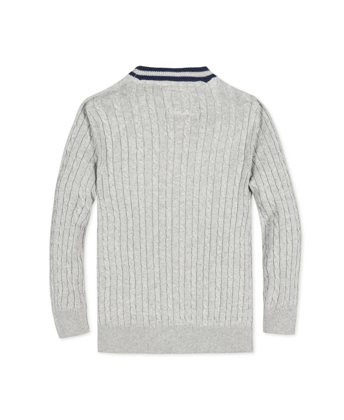 Hope & Henry Baby Boys Organic Long Sleeve Cable Knit Cardigan Sweater with Stripe Trim - Gray heather cable with navy