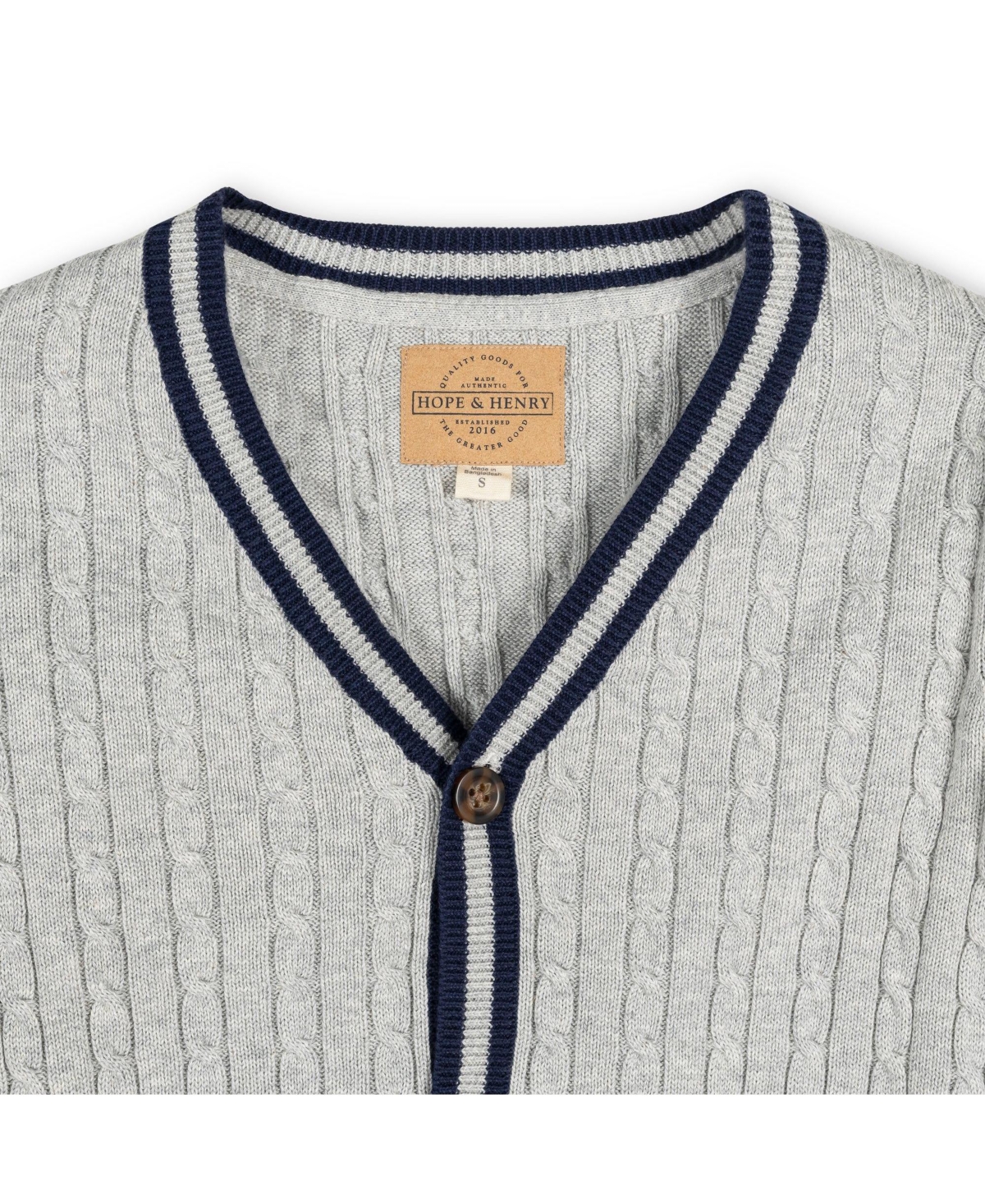 Hope & Henry Baby Boys Organic Long Sleeve Cable Knit Cardigan Sweater with Stripe Trim - Gray heather cable with navy