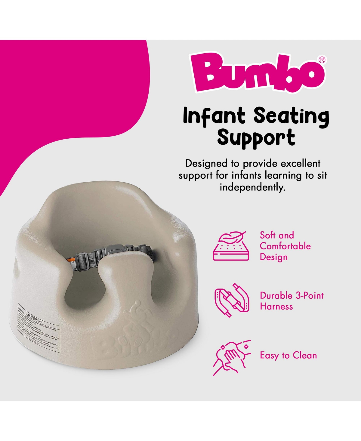 Bumbo Infant Floor Seat Baby Sit Up Chair with Adjustable Safety Harness, Taupe