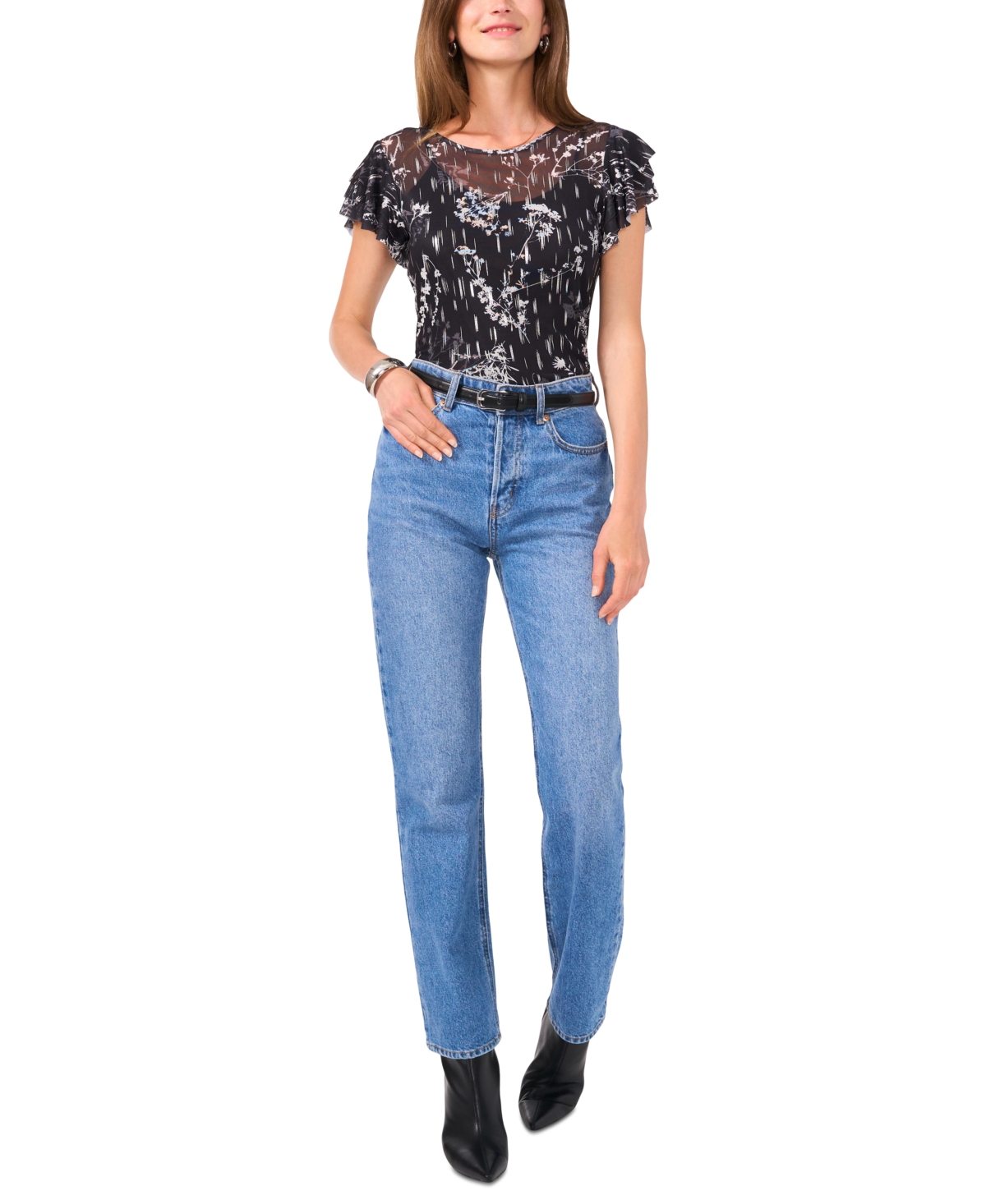 Vince Camuto Women's Printed Ruffle-Sleeve Mesh Top