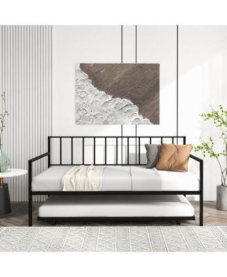 Twin Daybed Set with Metal Slat Support and Roll-Out Trundle