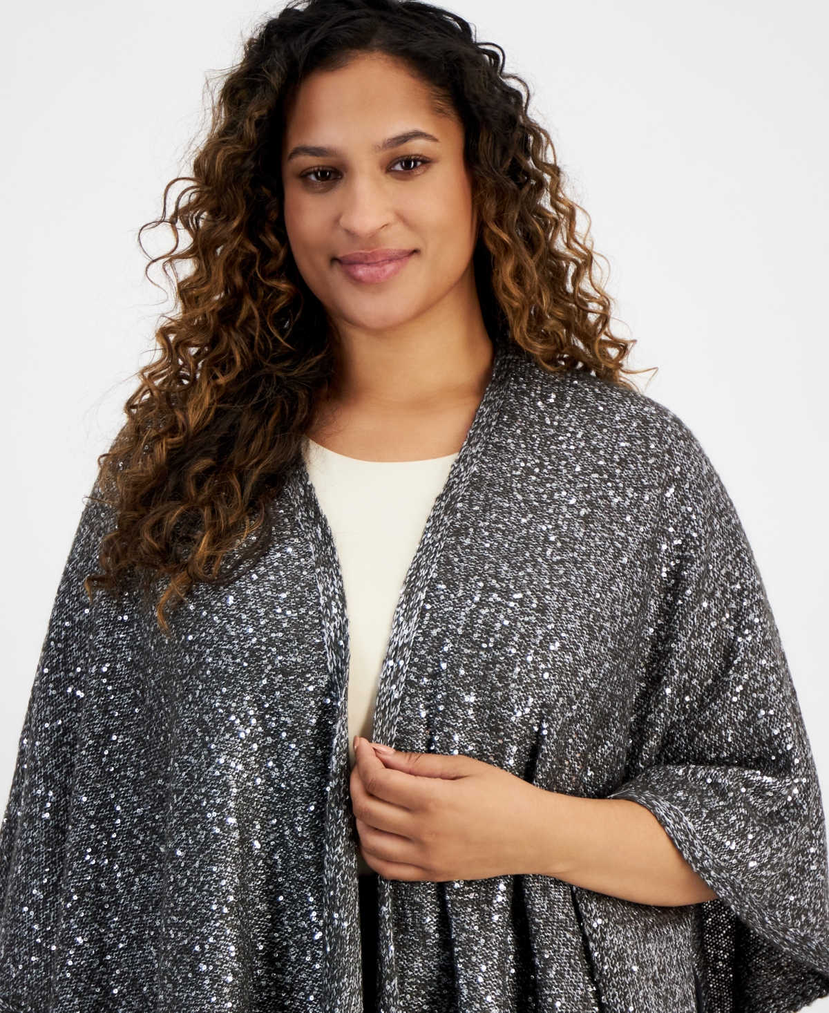 Anne Klein Plus Size Sequined Knit Open-Front Cape, Created for Macy's