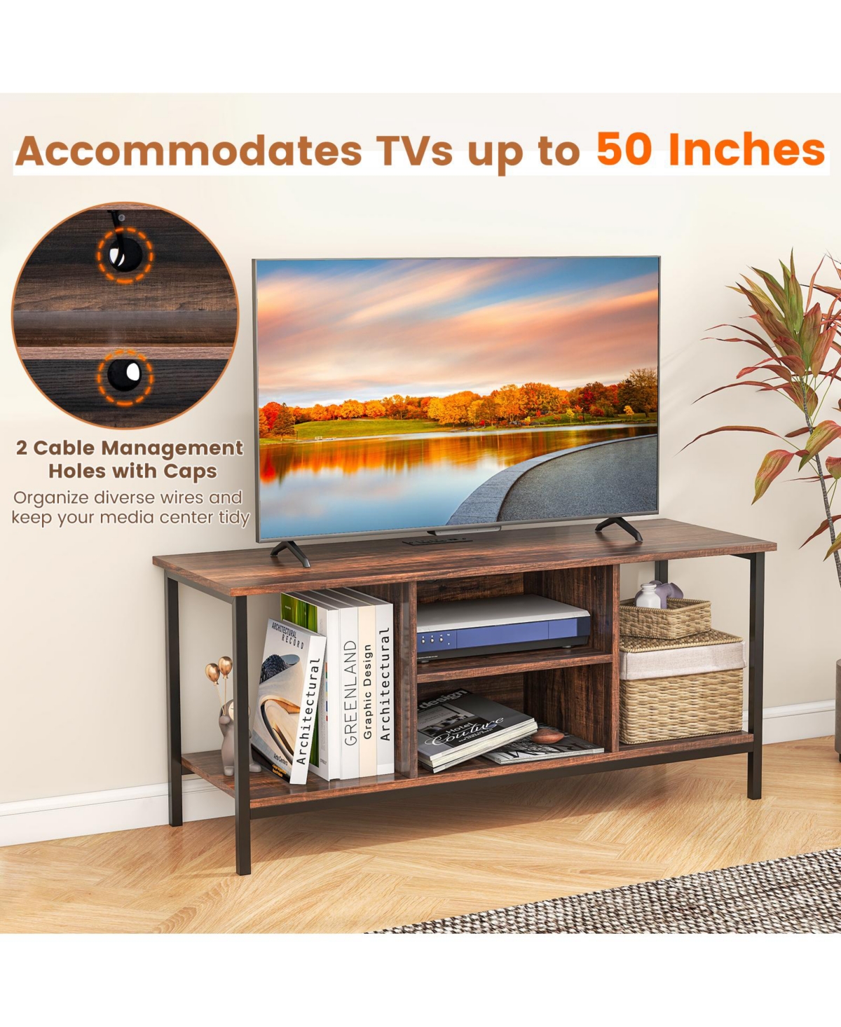 Sugift Tv Stand Entertainment Center with Open Storage Shelves and Power Outlets to Inches