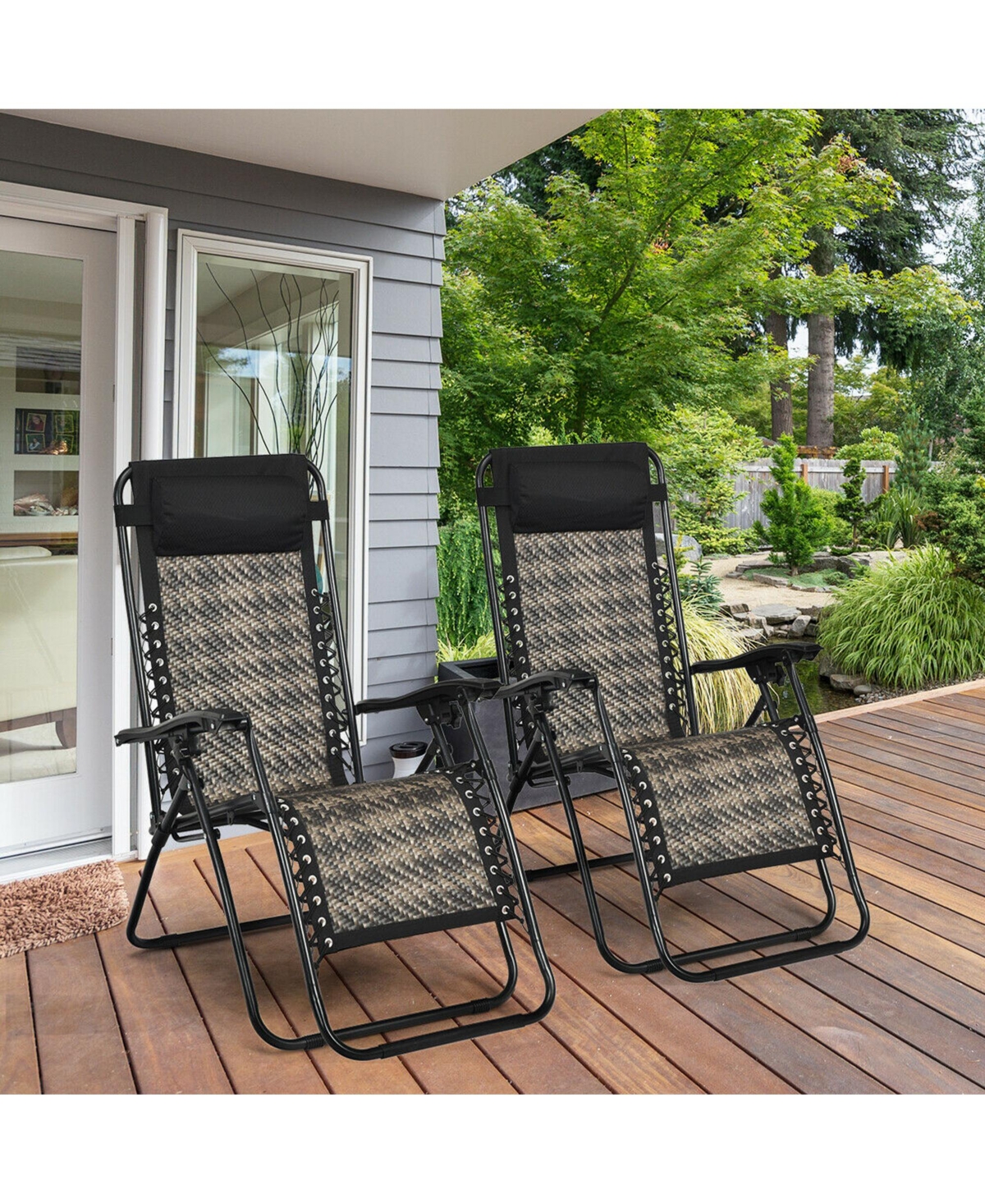 Gymax Set of 2 Folding Rattan Patio Zero Gravity Lounge Chair Recliner w/ Headrest - Grey+black