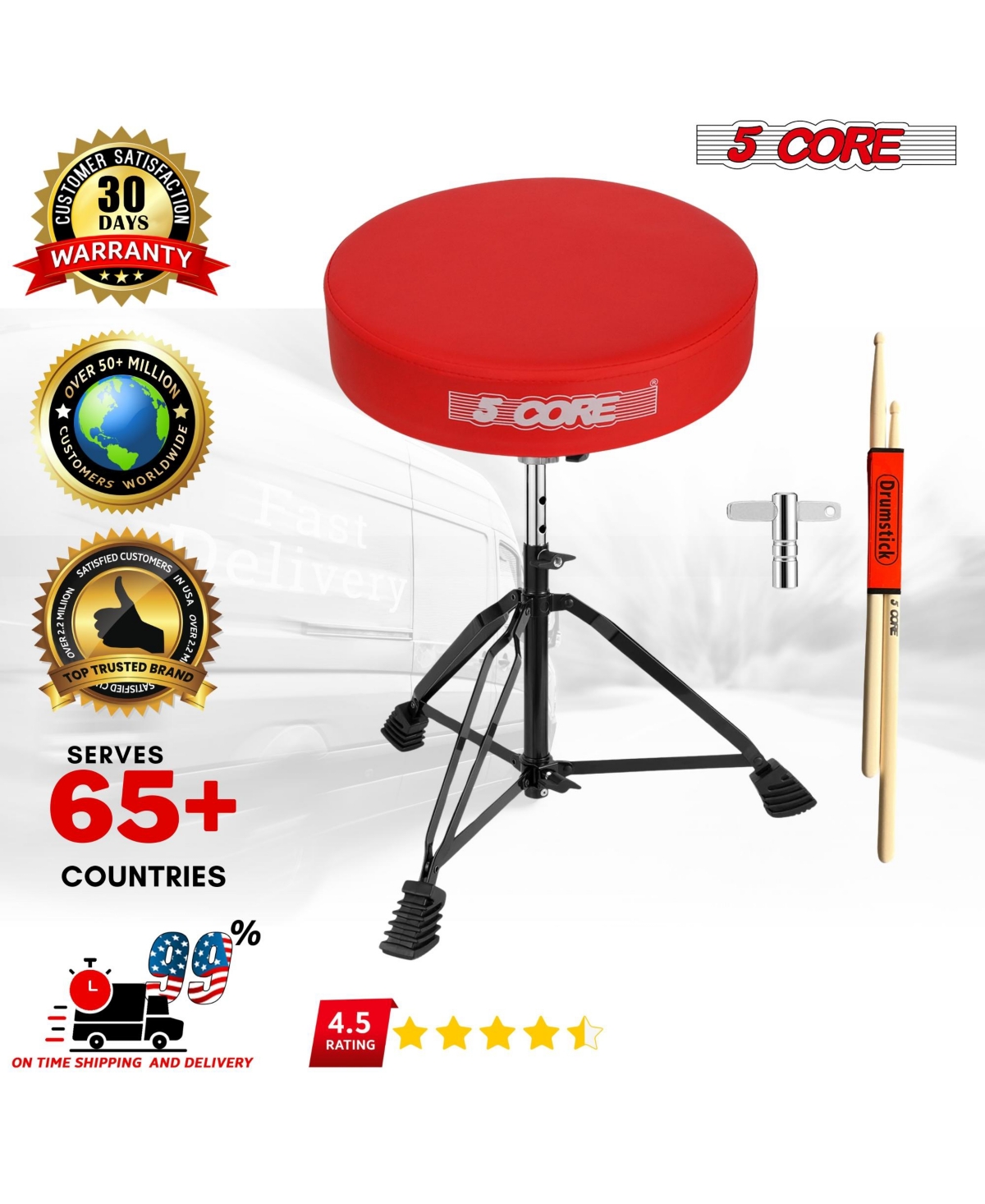 5 Core Drum Throne Padded Guitar Stool Height Adjustable Music Chair Ds Blkch- Red