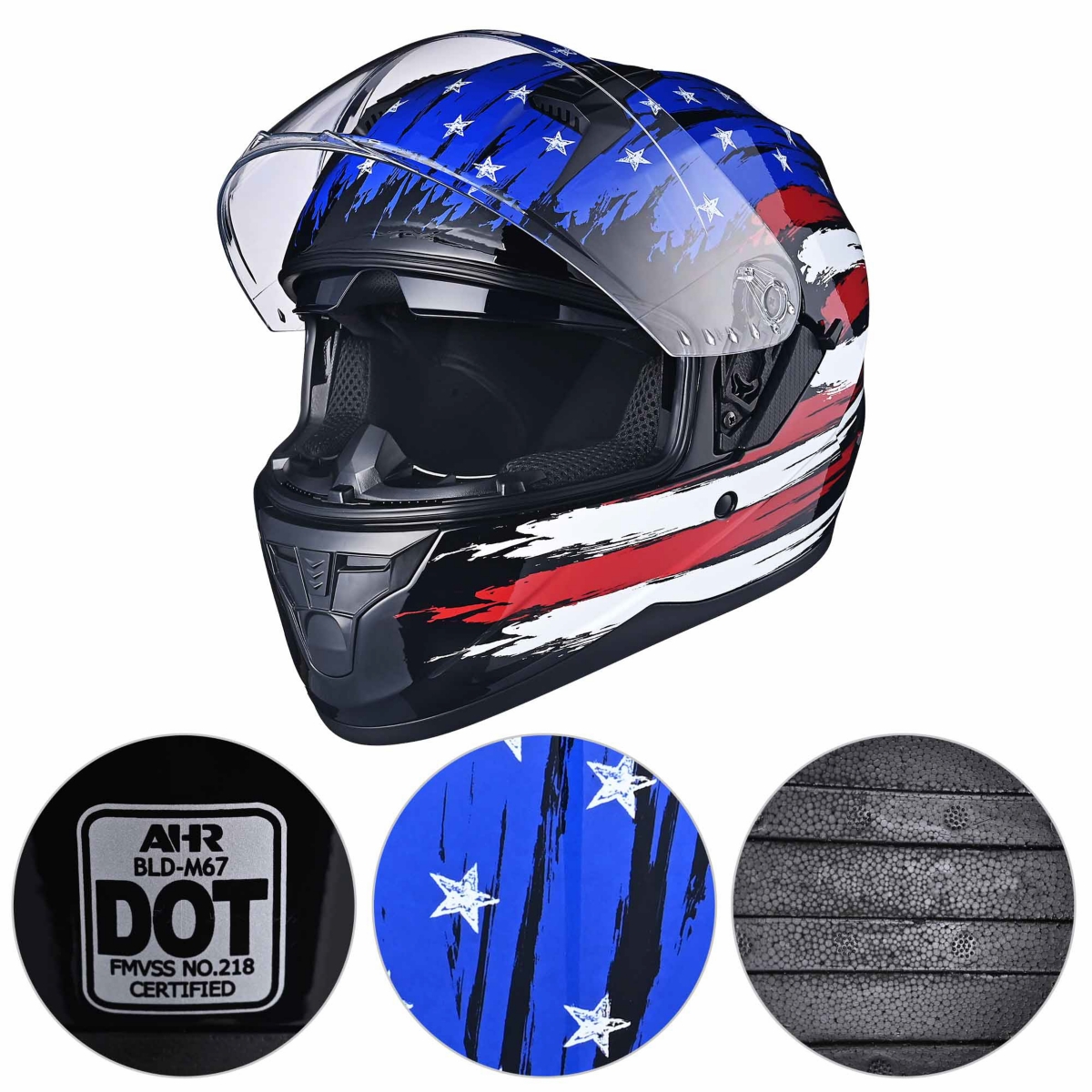 Ahr Run-f Full Face Motorcycle Helmet Dual Visor Dot Approved L - Blue-red1