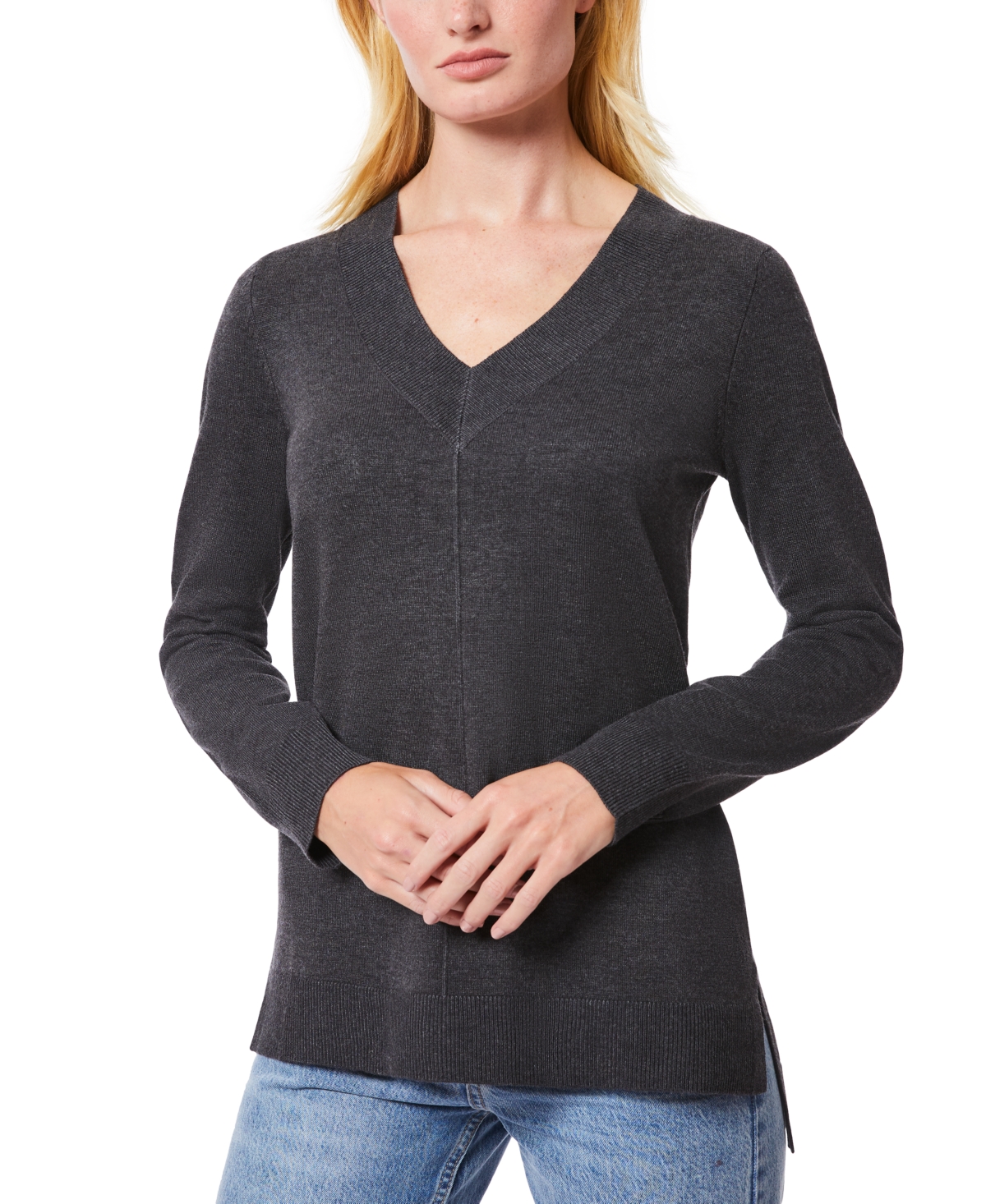 Melissa Paige Women's Ribbed Seamed Long-Sleeve High-Low-Hem V-Neck Sweater