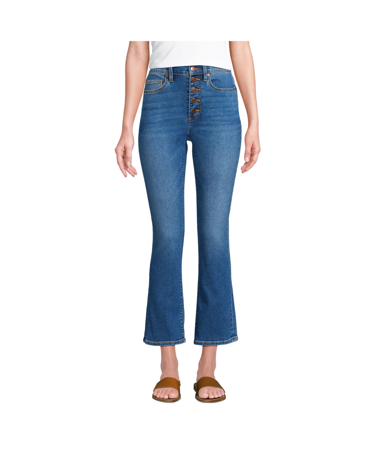 Lands' End Petite Recover High Rise Button Front Kick Flare Crop Jeans