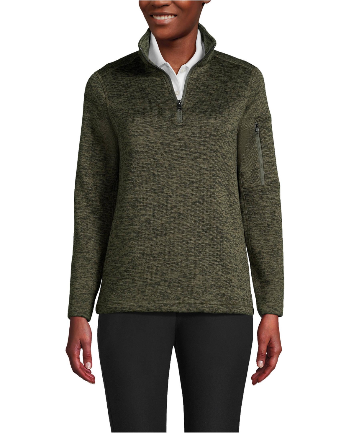 Lands End Women s School Uniform Sweater Fleece Quarter Zip Pullover Forest moss olive heather Smart Closet