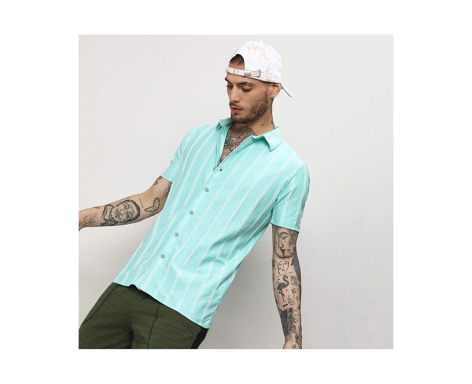 Men's Aqua Blue Unbalanced Striped Shirt