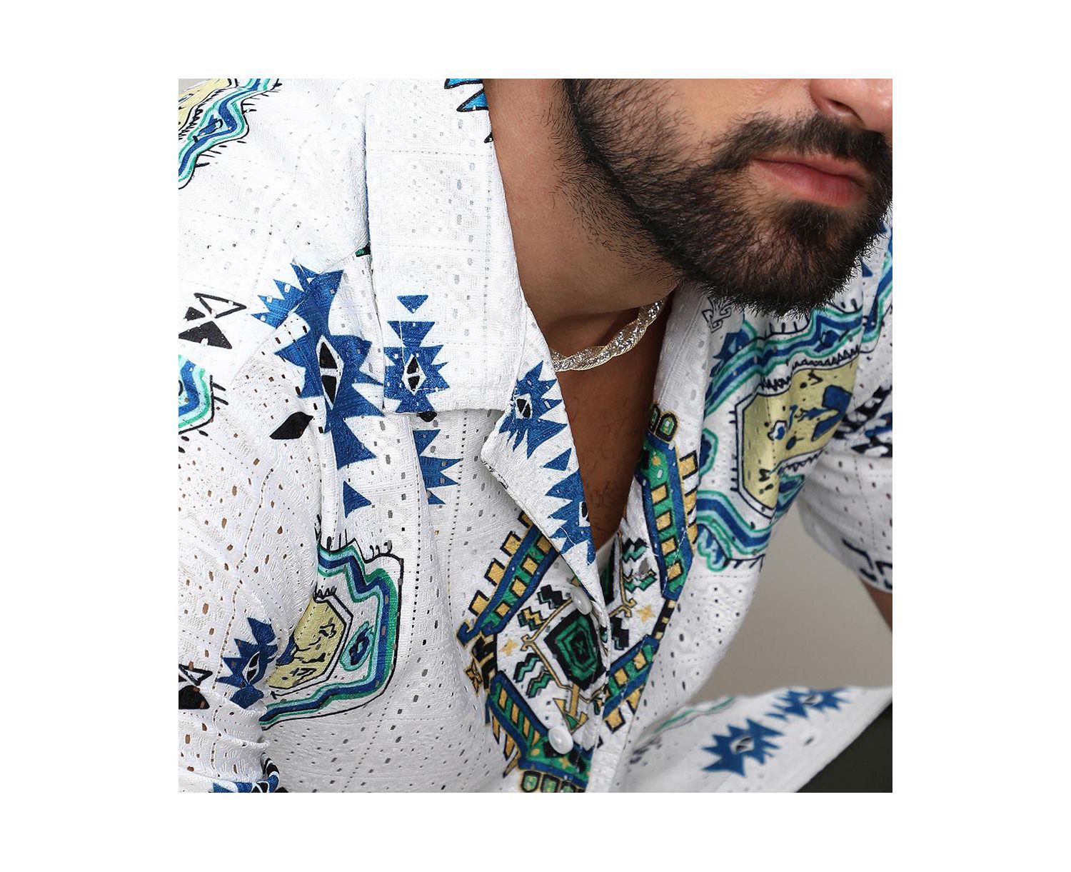 Men's Chalk White Mesh Aztec Shirt