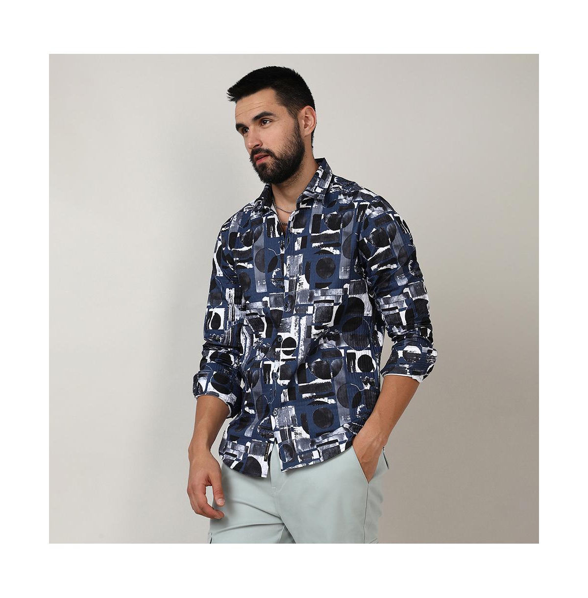 Campus Sutra Men's Navy& Midnight Black Abstract Geometric Shirt - Blue