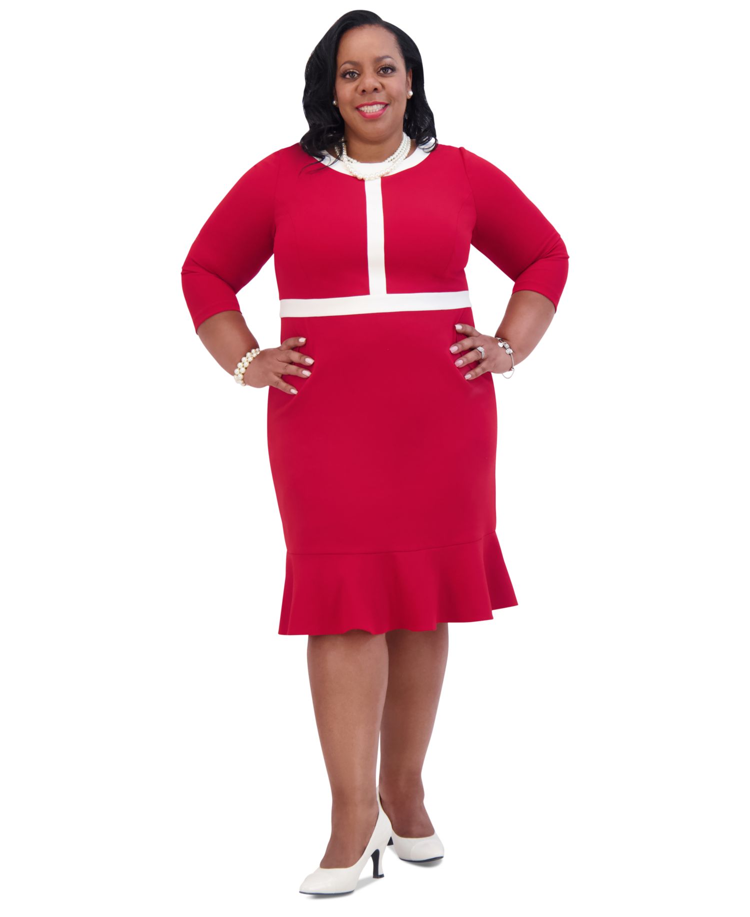 Women's Ruffled-Hem 3/4-Sleeve Contrast-Trim Dress
