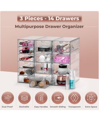 14 Drawers Acrylic Organizer for Makeup, Organization and Storage, Art Supplies, Jewelry, Stationary - 3 Pcs Clear Stackable Storage Drawers