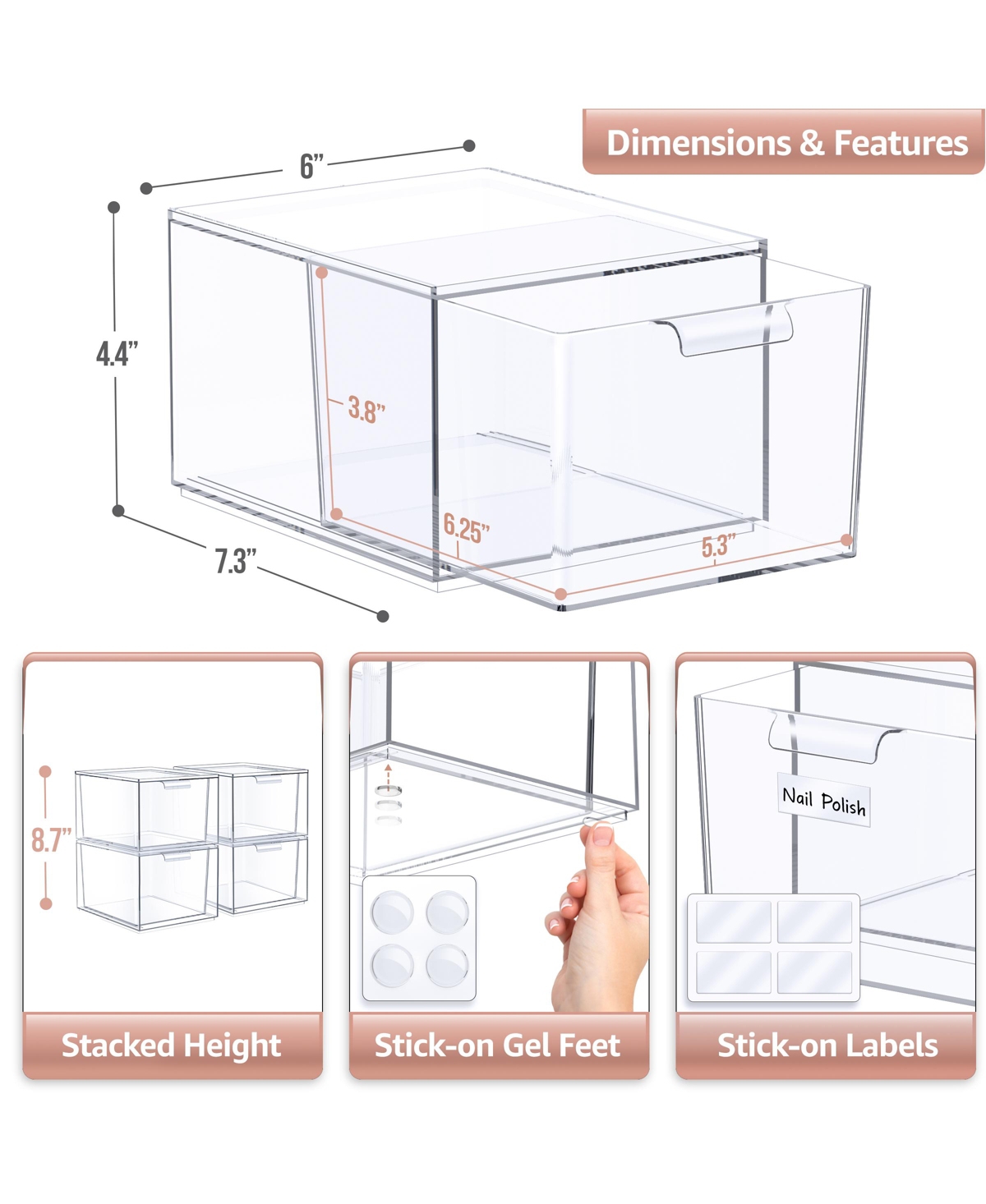 Sorbus 4 PackStackable Acrylic Drawer Makeup Organizers - for Vanity, Bathroom, Under Sink, Cabinets, Jewelry, and More - Clear