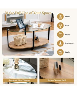 2-Tier Glass-Top Oval Coffee Table with Wooden Shelf for Living Room