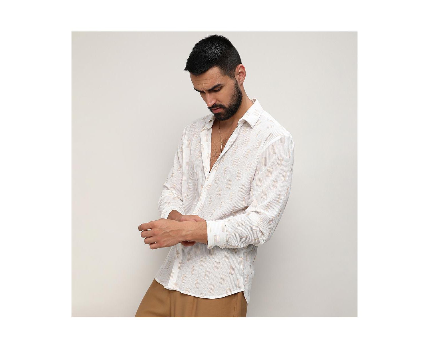 Men's Chalk White Foil-Pleated Shirt