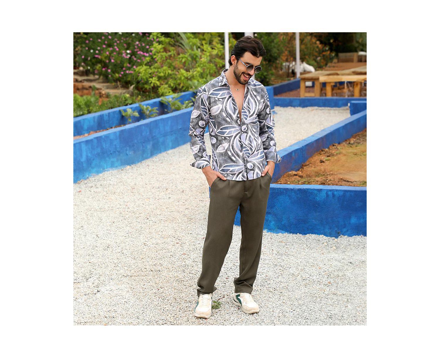 Men's Charcoal Grey & Prussian Blue Marble Foliage Shirt