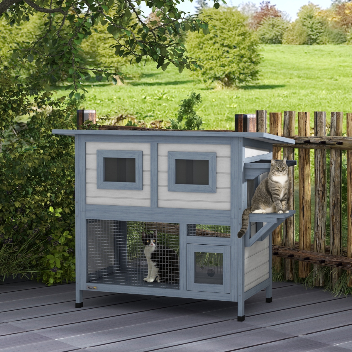 PawHut 2 Tier Outdoor Cat House, Weatherproof Cat Shelter with Escape Door