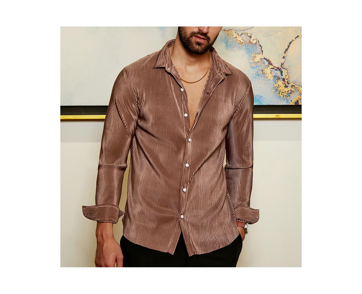 Men's Mocha Brown Pleat-Creased Shirt