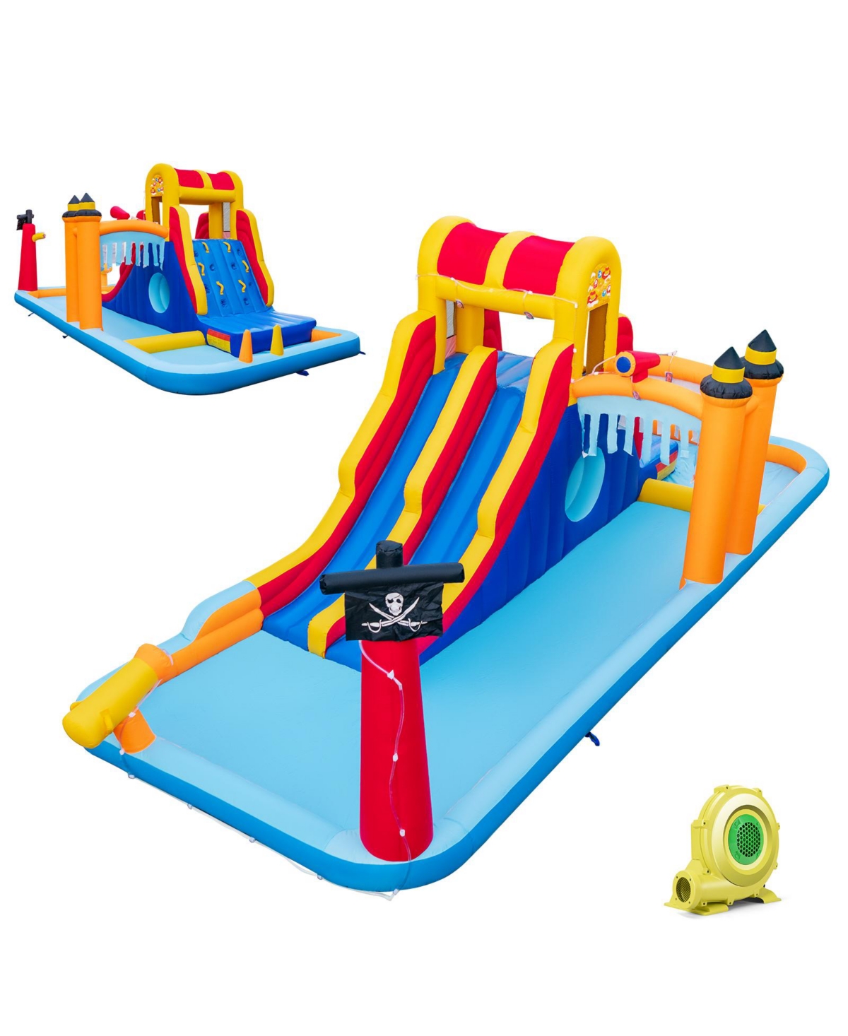 6-In-1 Inflatable Water Slide with Dual Slides Climbing Wall and Cave Crawling Game with 950W Blower - Blue