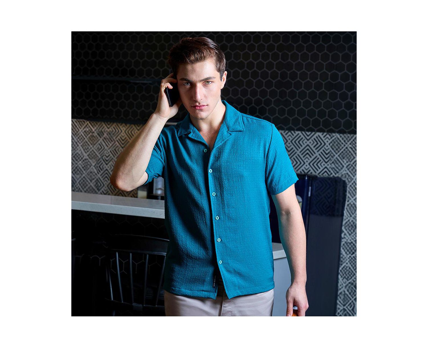 Men's Teal Green Self-Design Creased Striped Shirt