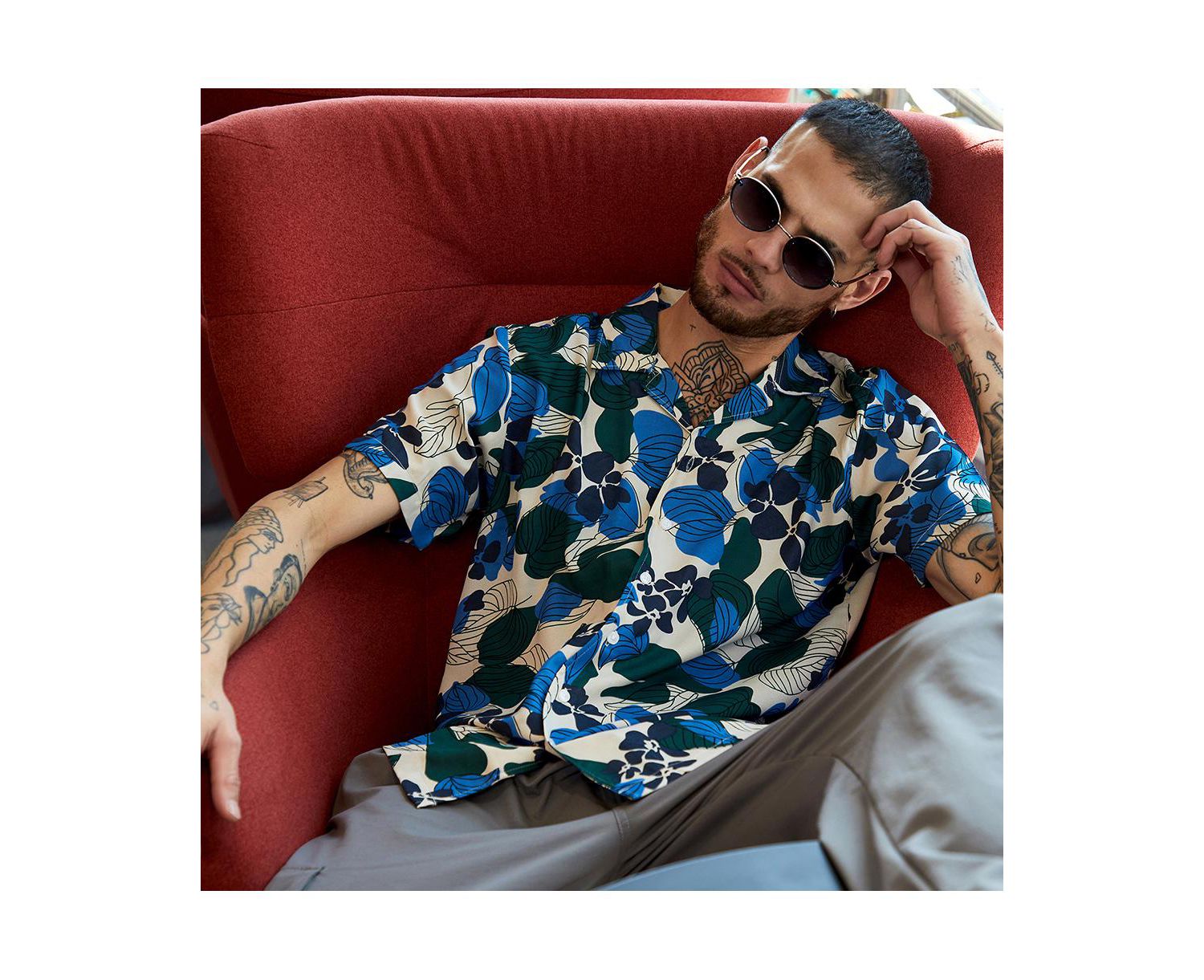 Men's Azure Blue & Forest Green Floral Abstract Shirt
