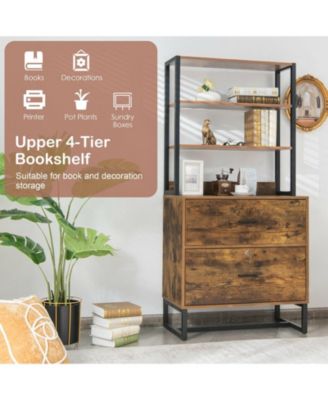 Letter Size Lateral File Cabinet with Lock and Bookshelf-Rustic