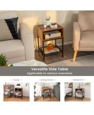 Industrial Nightstand End Side Table with Mesh Shelf