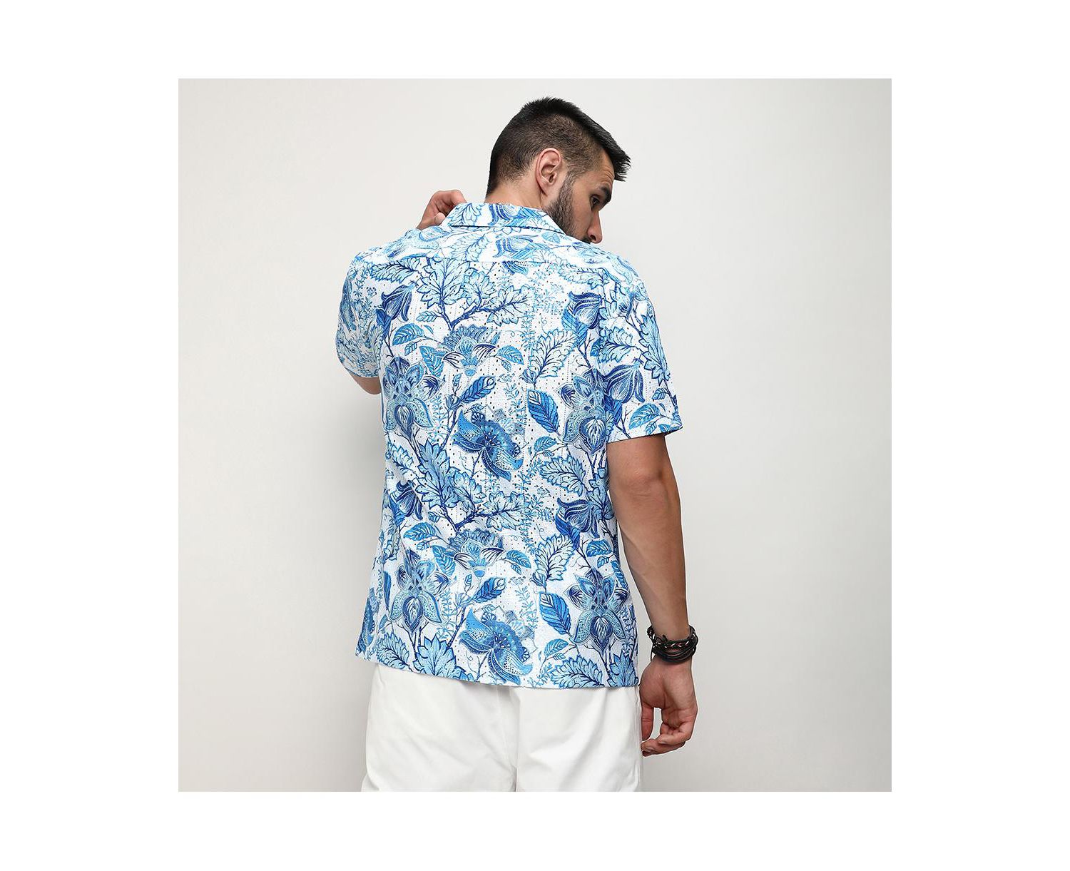 Men's Chalk White:Indigo Blue Mesh Foliage Shirt