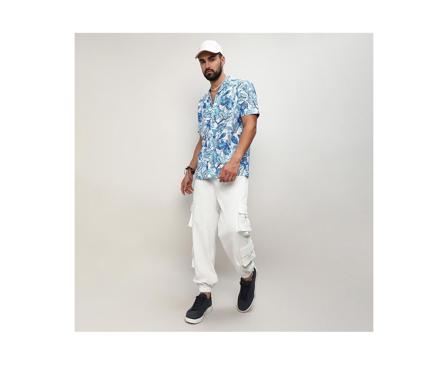 Men's Chalk White:Indigo Blue Mesh Foliage Shirt
