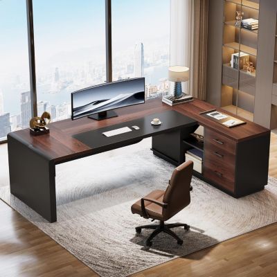 80'' Executive Desk, L-Shaped Office Table with 55'' Cabinet, Large Computer Desk with Storage Drawers and Shelve