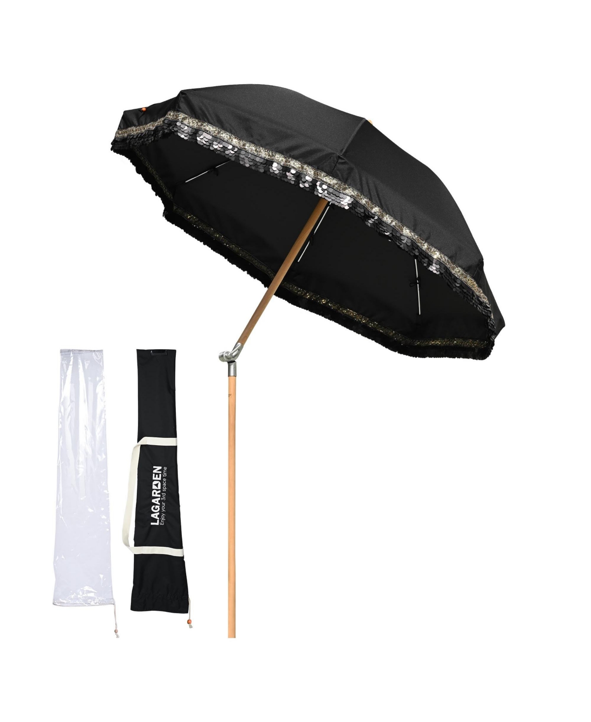 6 Ft Fringe Patio Umbrella with Tassel Jazz Age Wood for Outdoor, Black with glitzy sequin,Model: JZ6-06 - Black with sequin