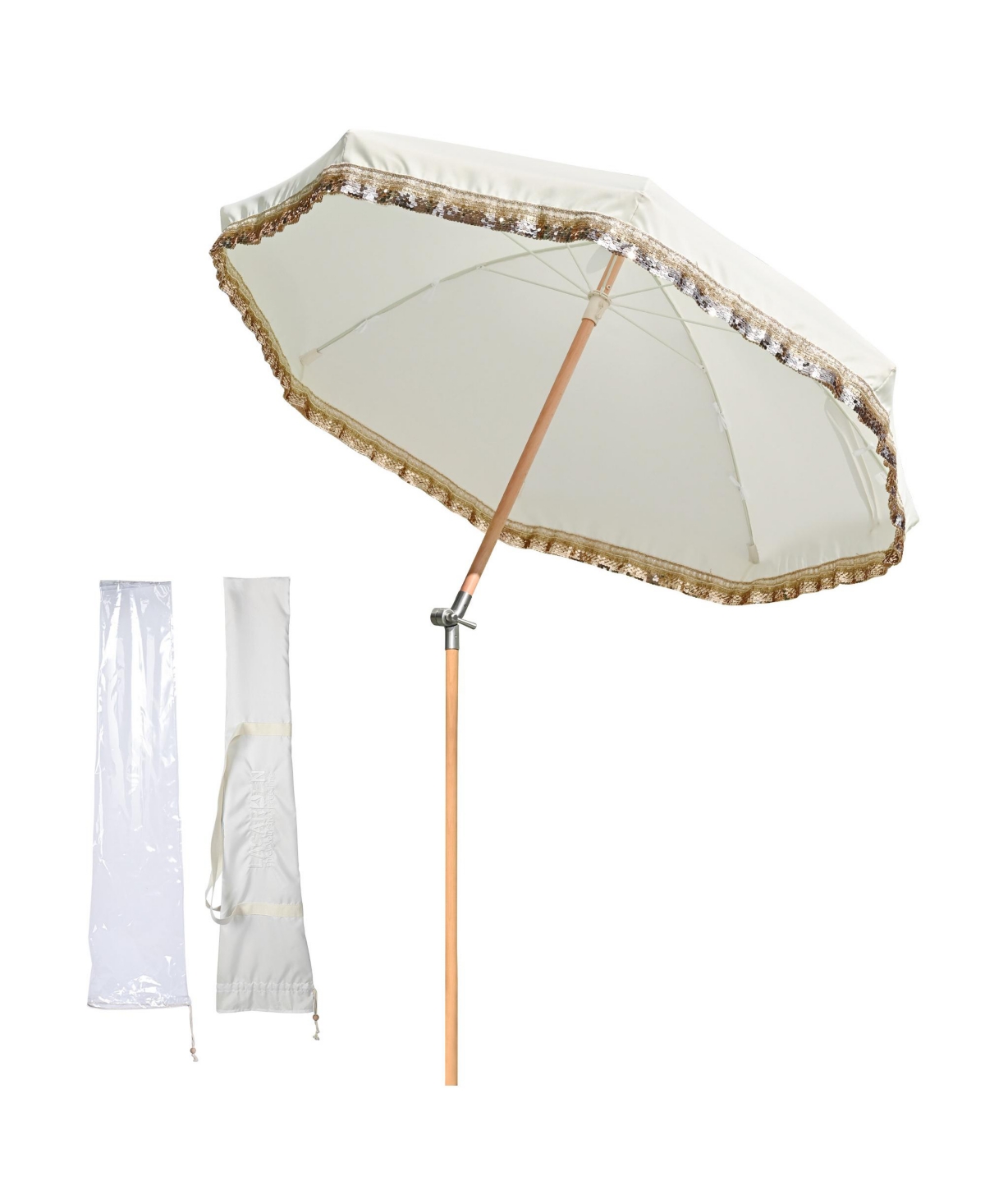 6 Ft Fringe Patio Umbrella with Tassel Jazz Age Wood for Garden, Beige with gold glitzy sequin,Model: JZ6-15 - Ivory with gold sequin