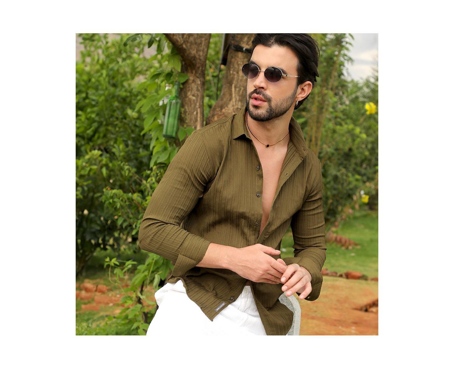 Men's Olive Green Self-Design Striped Shirt