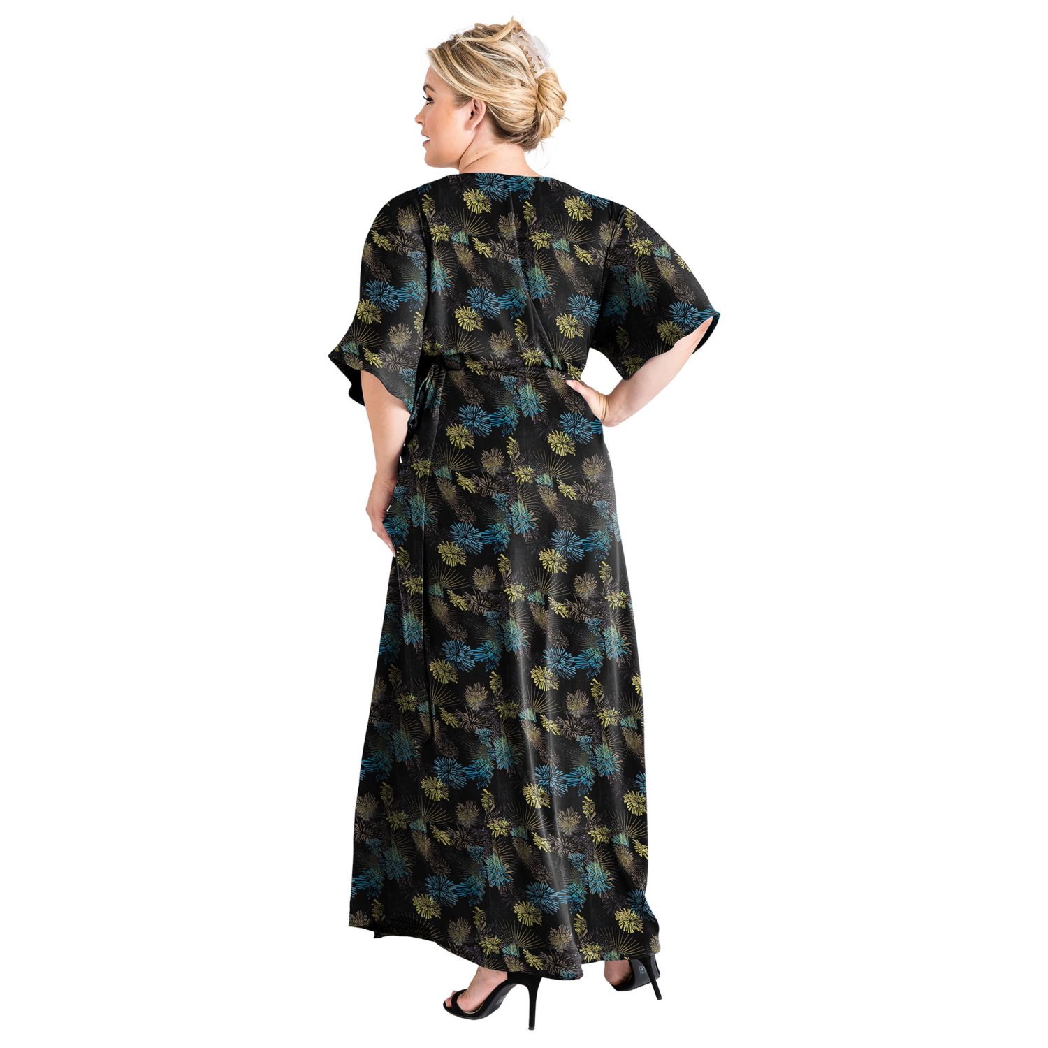 Plus Size V-Neck Print Kimono Wrap Maxi Dress