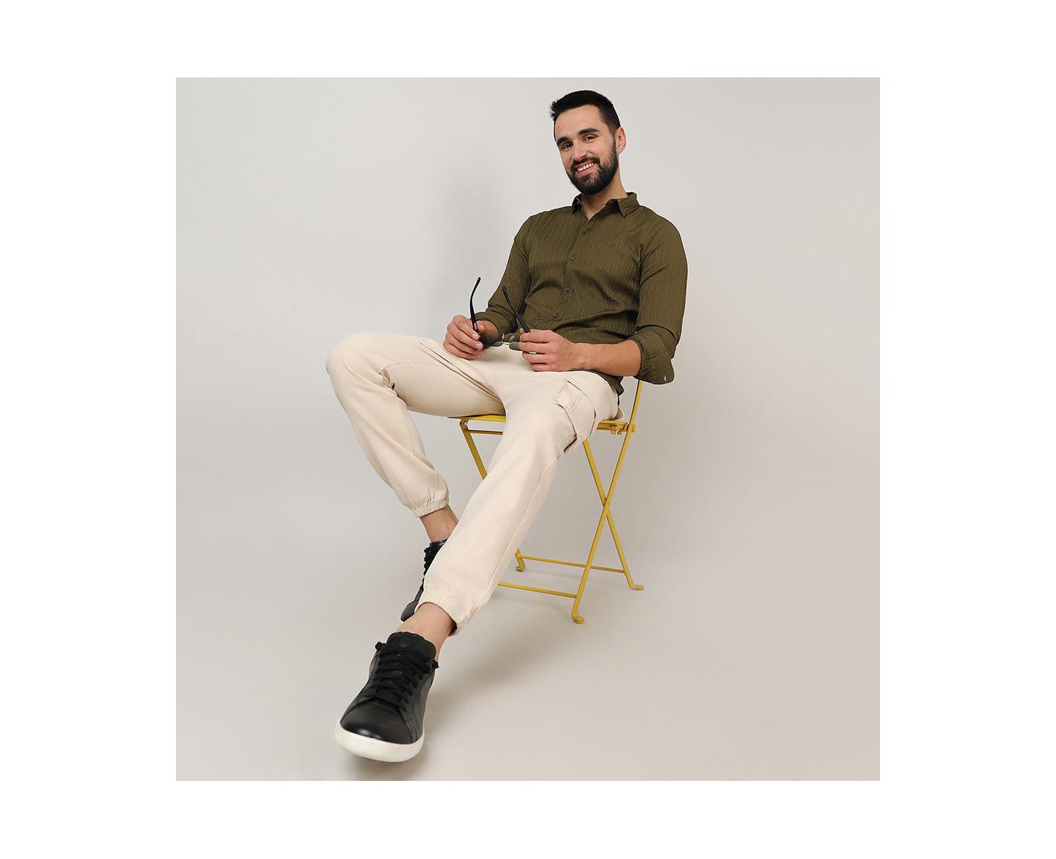 Men's Olive Green Self-Design Striped Shirt