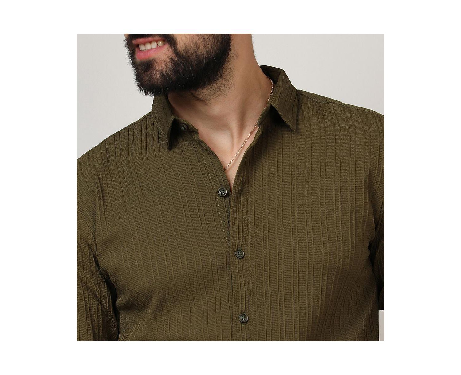 Men's Olive Green Self-Design Striped Shirt