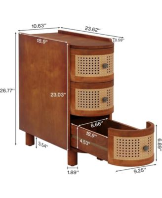 3-Drawer Rattan End Table, Solid Wood Sofa Side Table, Slim Nightstand, Finished Back, No Assembly, Walnut & Oak