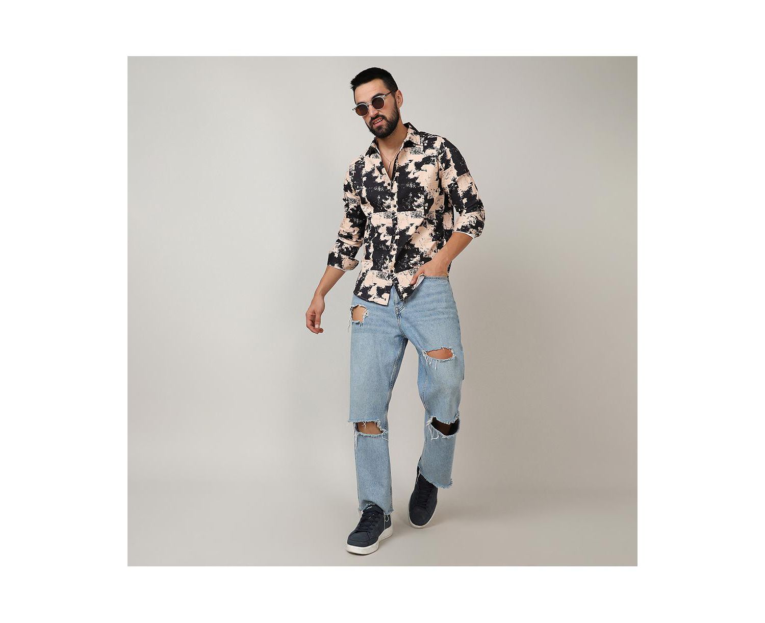 Men's Beige & Black Paint Strokes Shirt