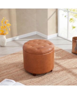 Faux Leather Round Storage Ottoman with Legs and Lift Off Lid