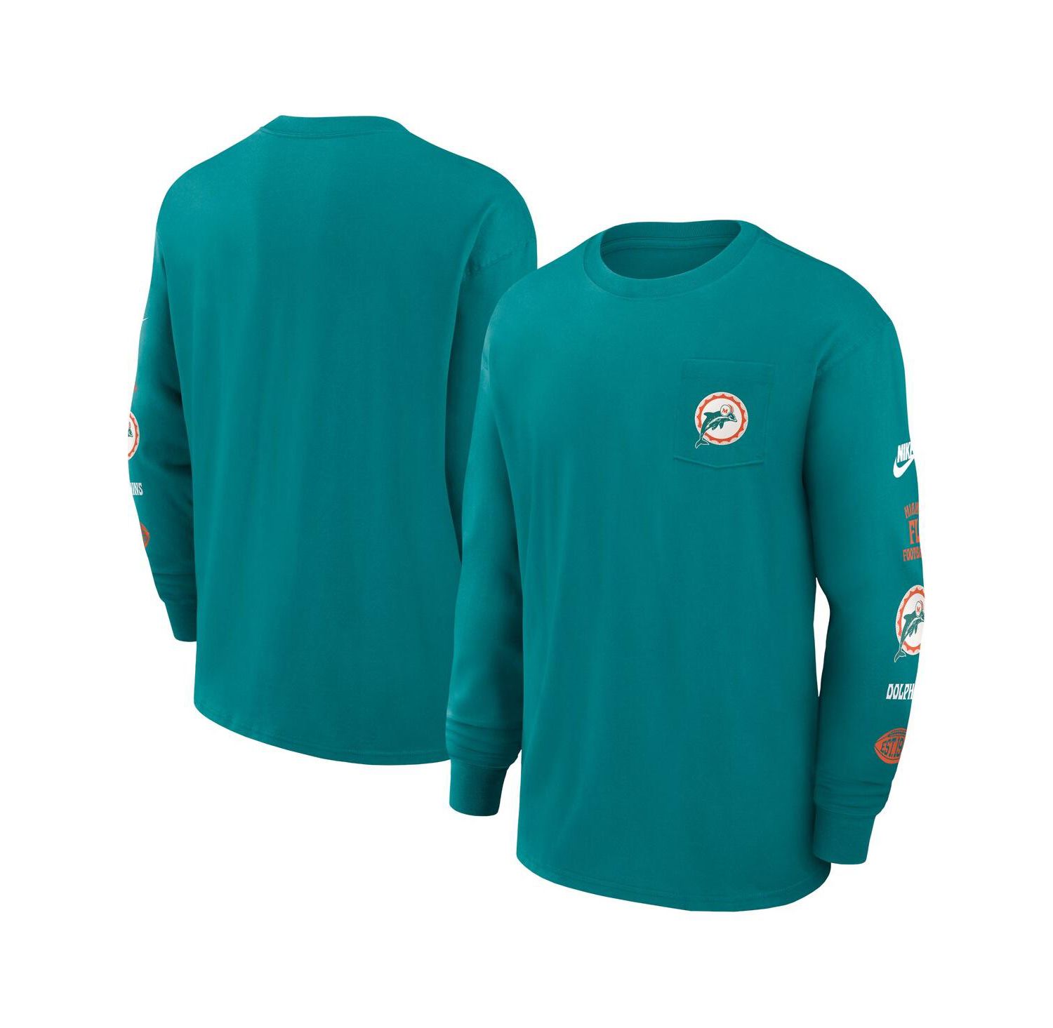 Men's Aqua Miami Dolphins Rewind Heavy Max 90 Pocket Long Sleeve T-Shirt